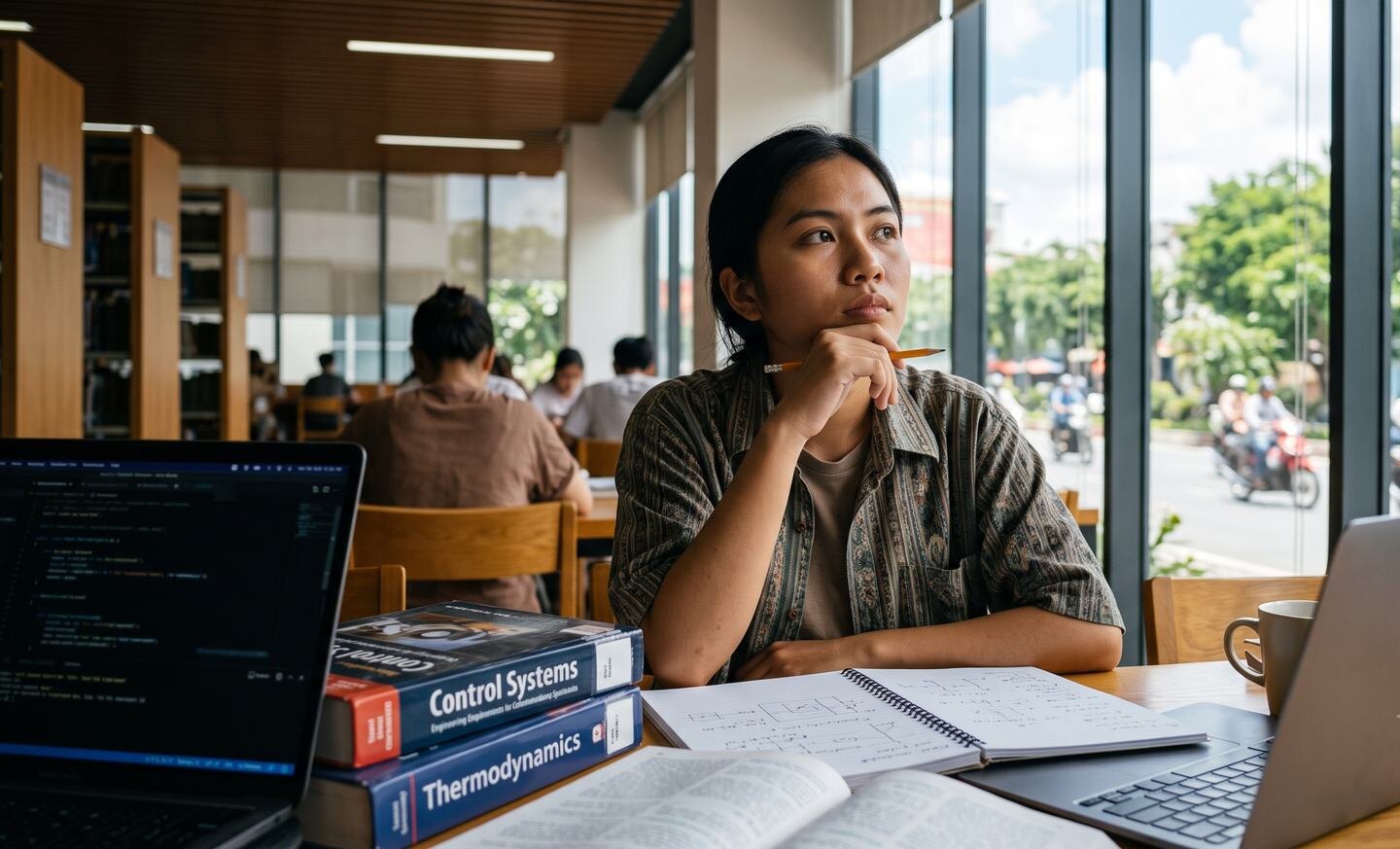 A student at a study desk with notes and a laptop