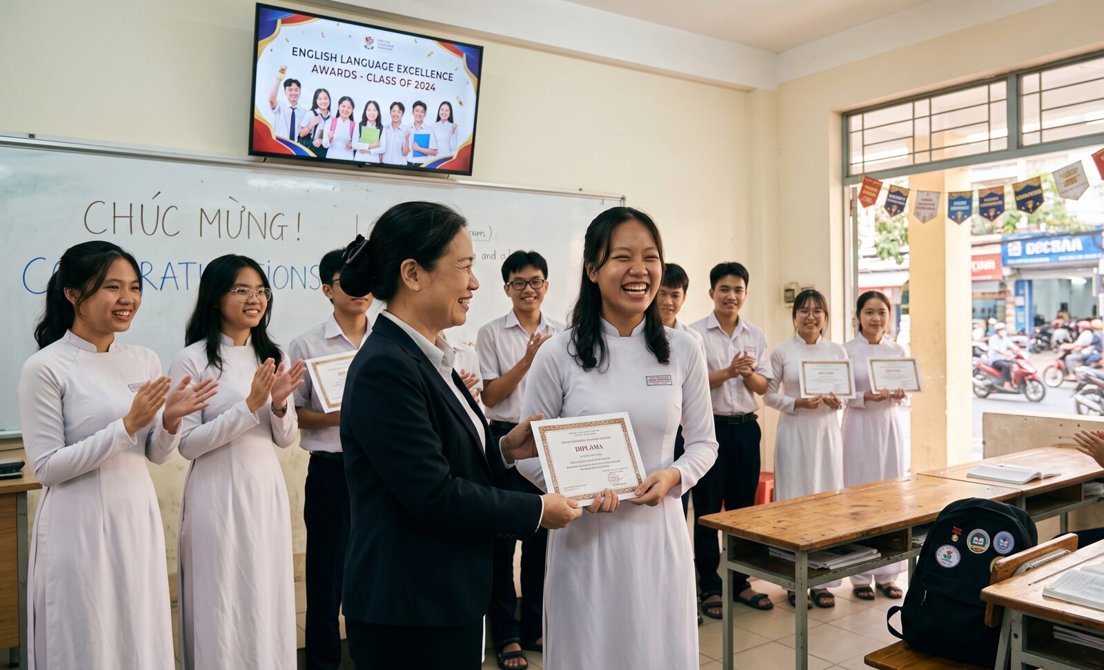 Students applauding as a classmate receives a certificate