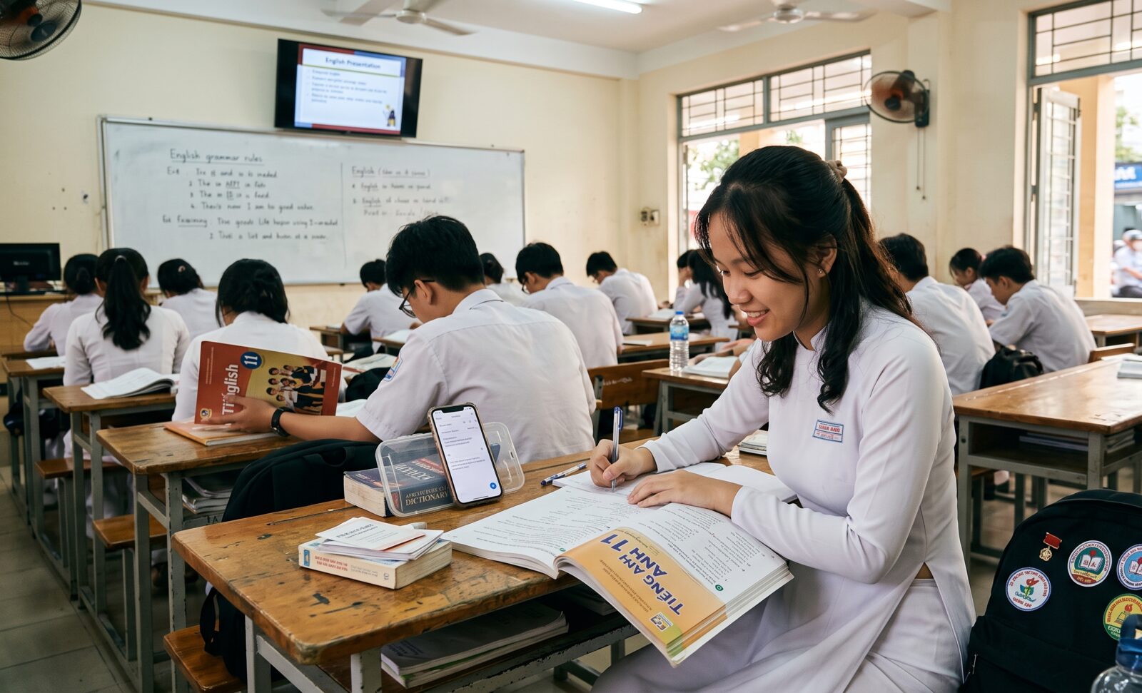 A student writing in a busy Vietnamese classroom