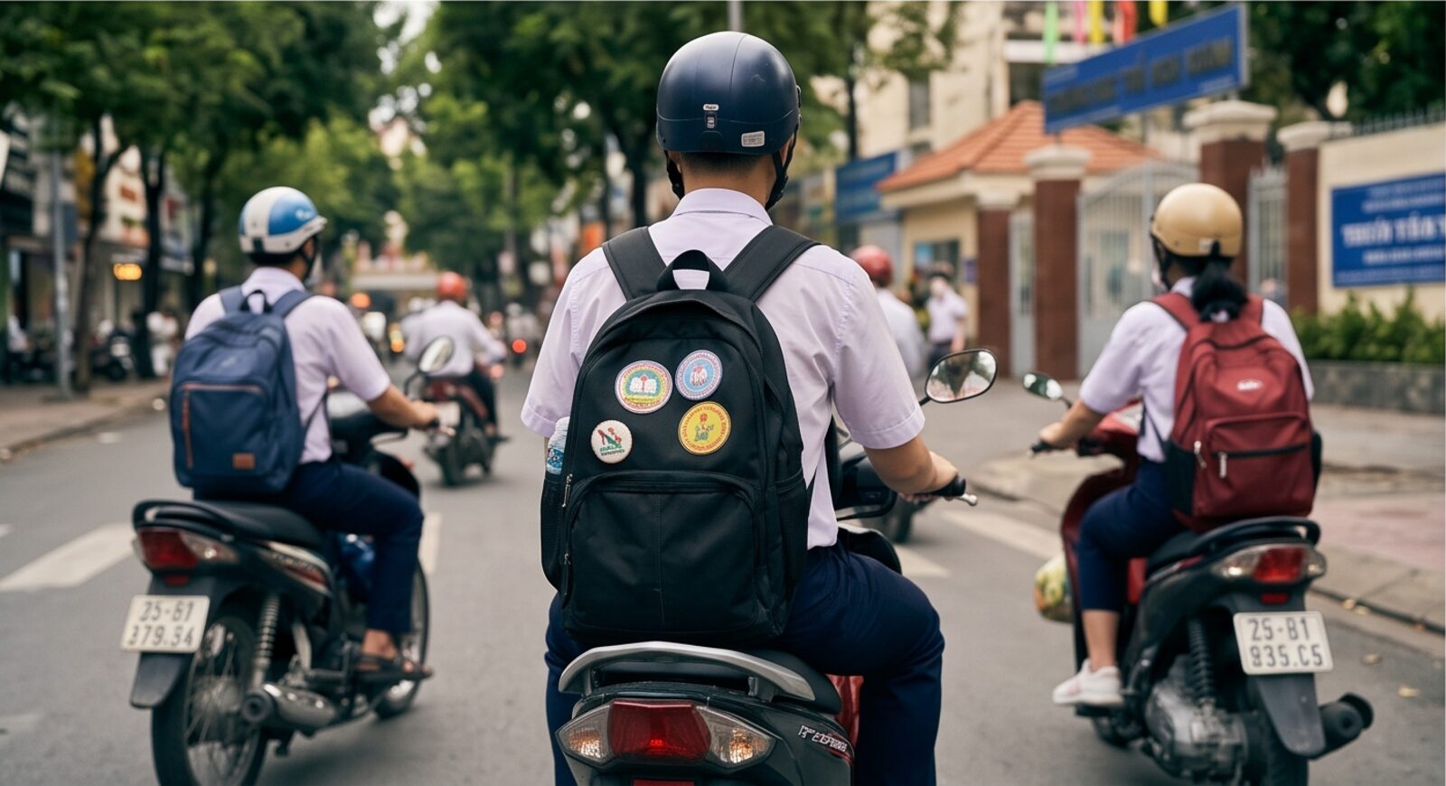 Students riding to school through city traffic