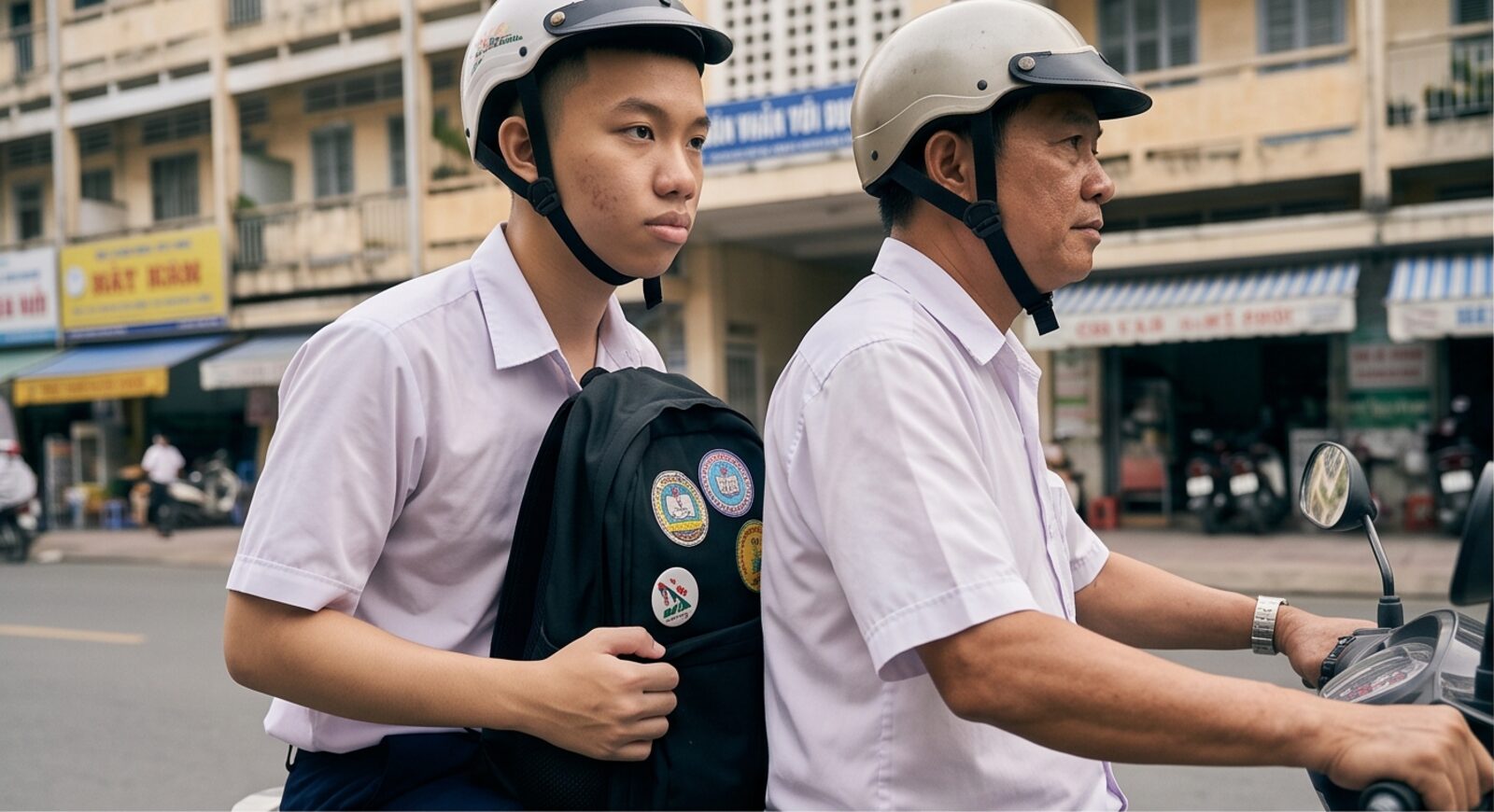 A student riding pillion to school