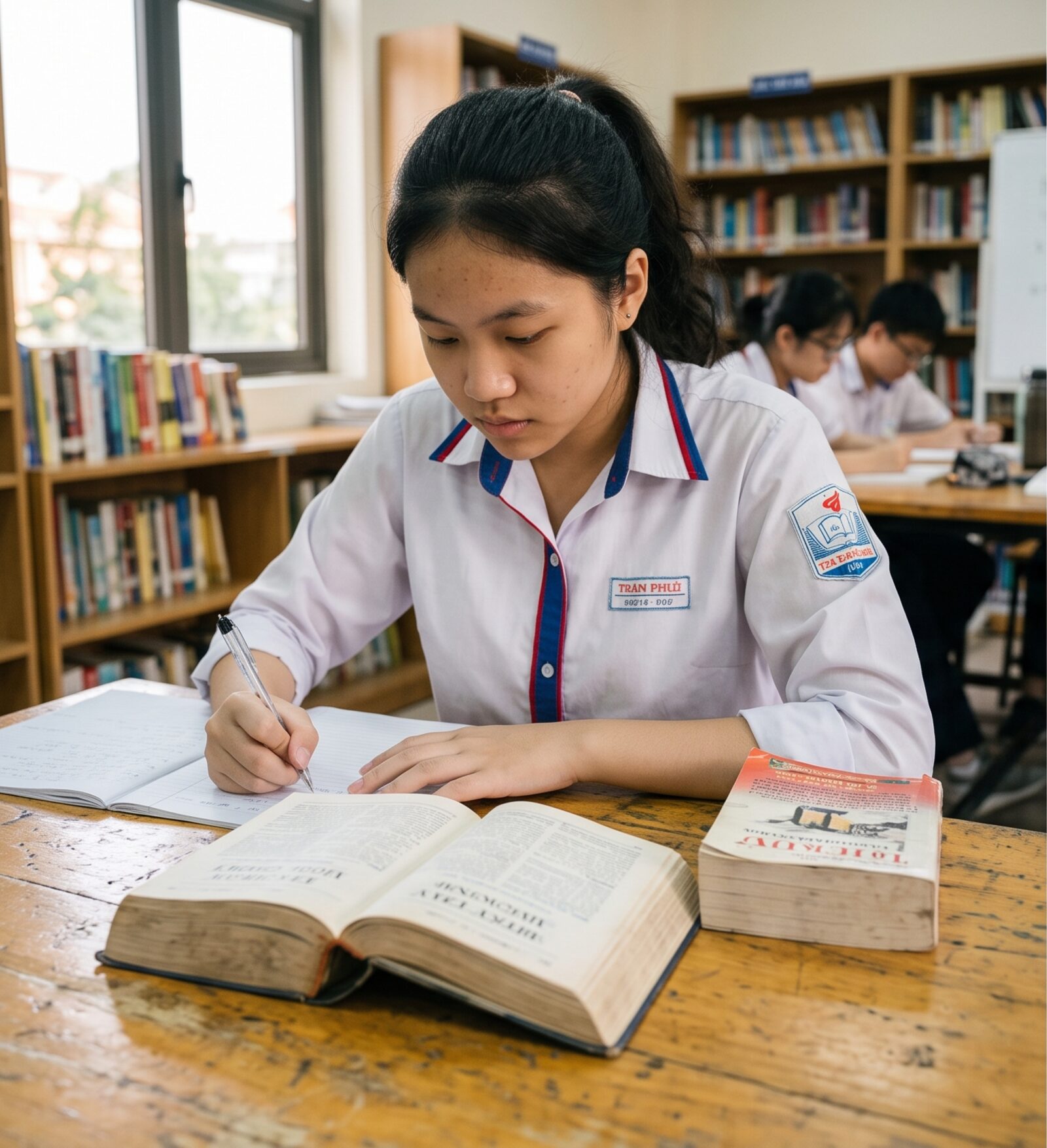 A student reading closely with a dictionary open beside her