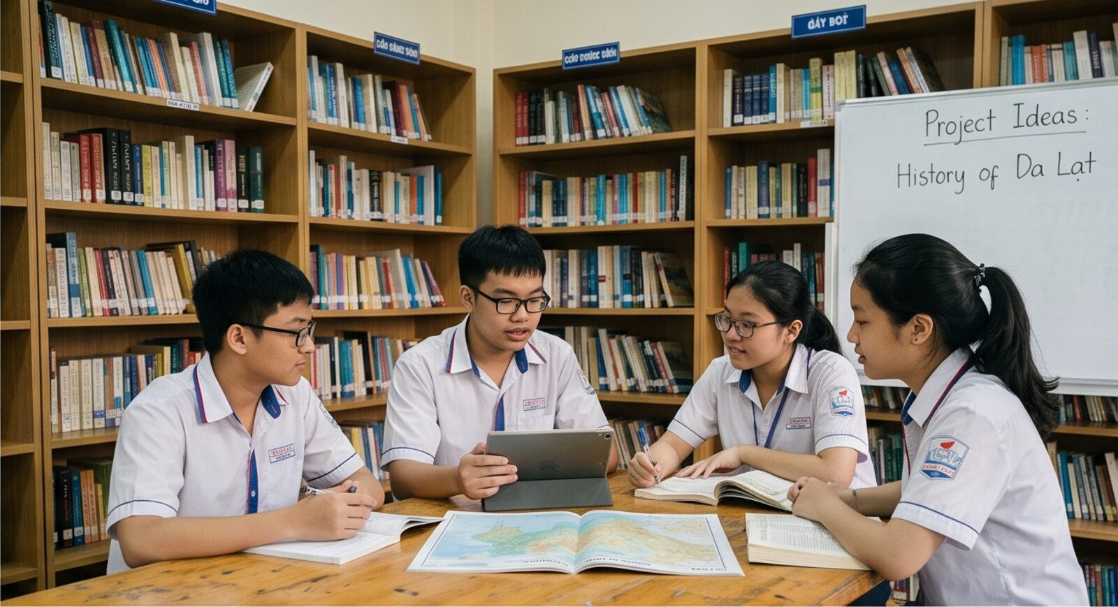 Four students working on a project in a library