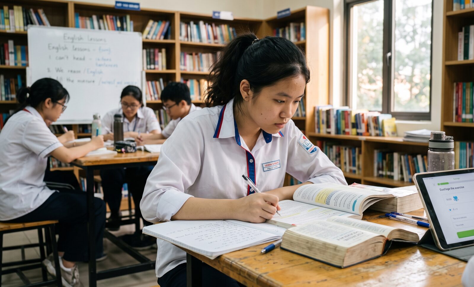 A student taking notes beside a dictionary and a tablet