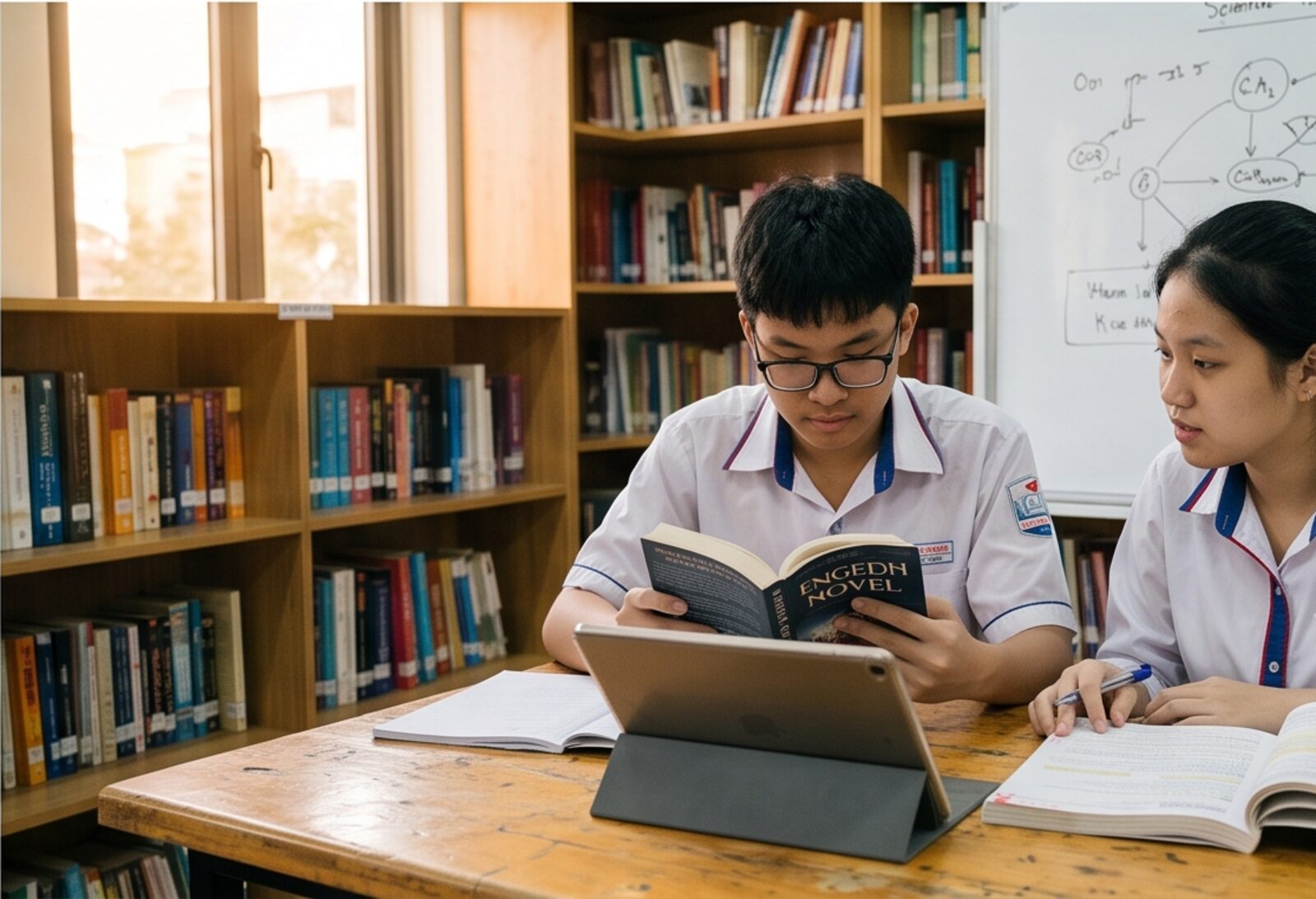 Two students reading together in a library
