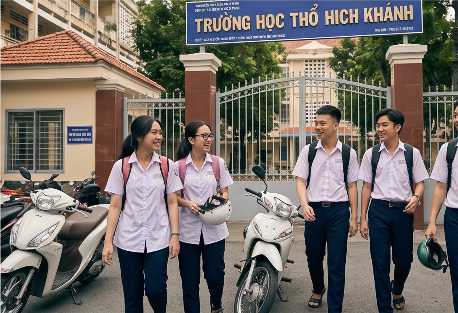 Students walking out through a school gate