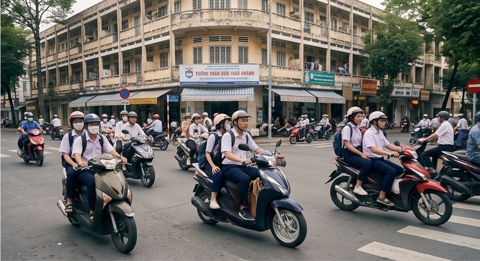 Students riding to school past a school gate