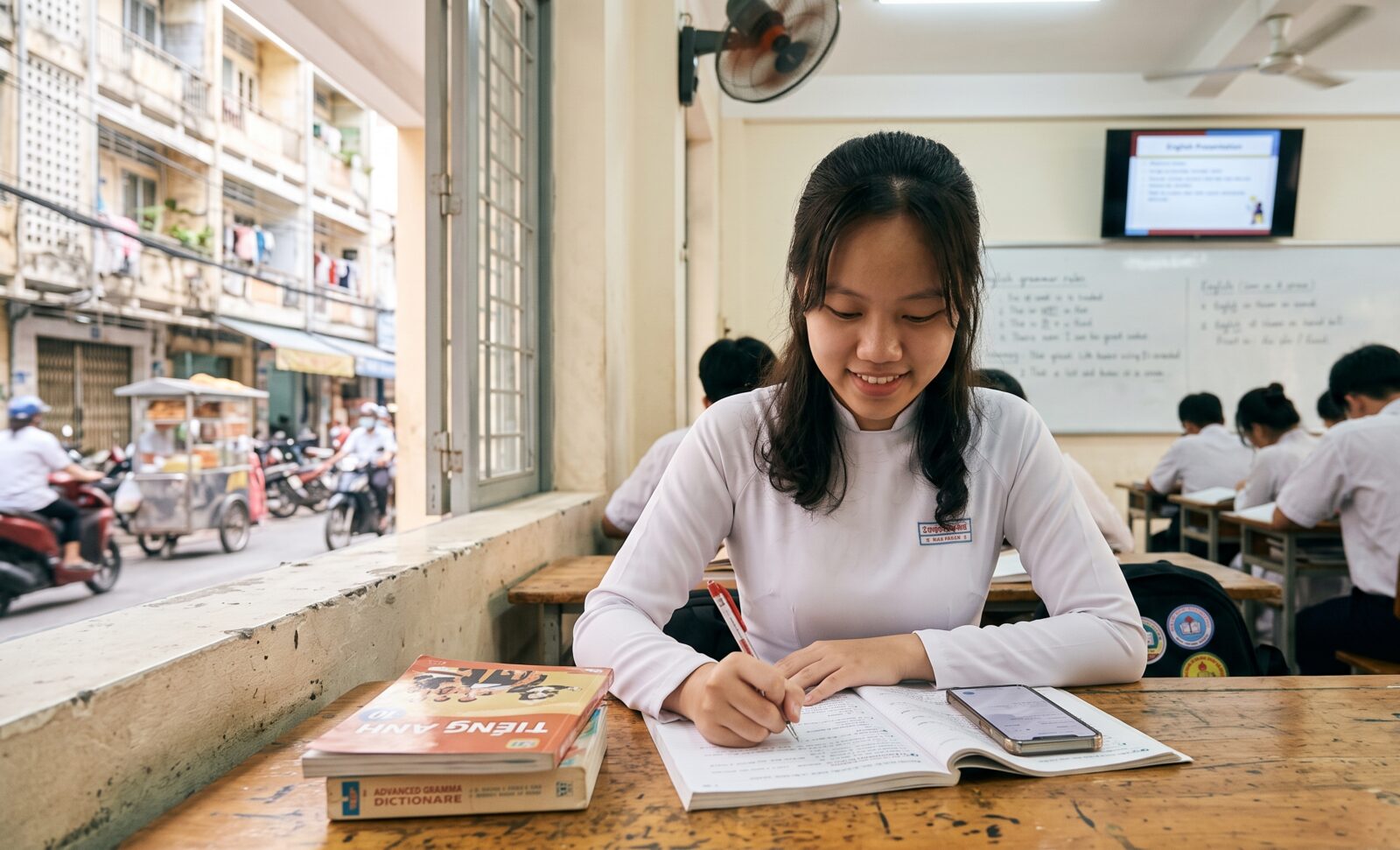 A student drafting an answer by hand at a window desk
