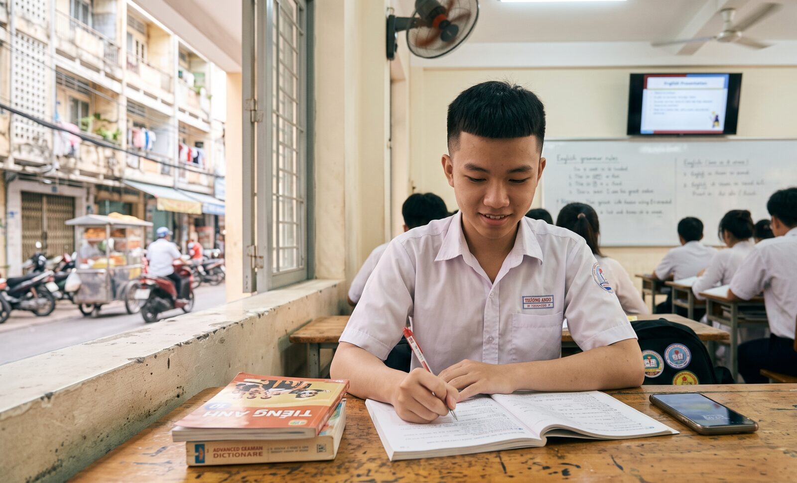 A student writing at a desk by a classroom window