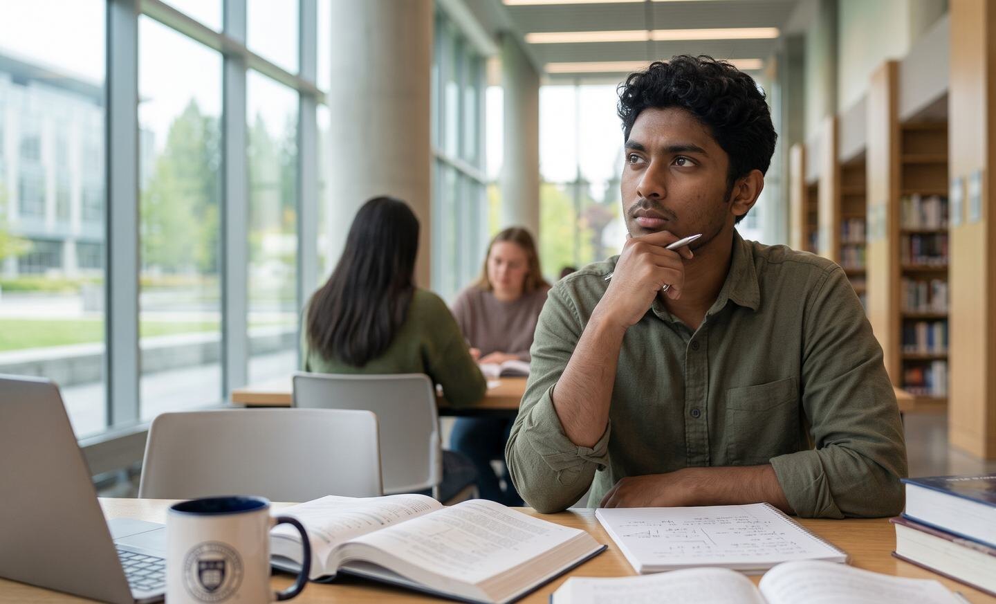 A student pausing over an open text in a library