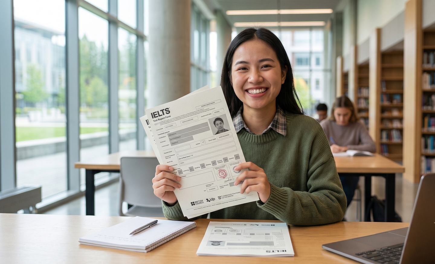 A student smiling while holding her IELTS results form
