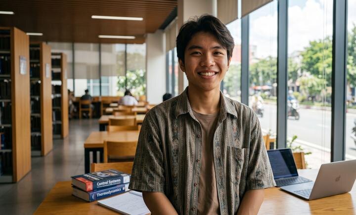 A student smiling at his study desk