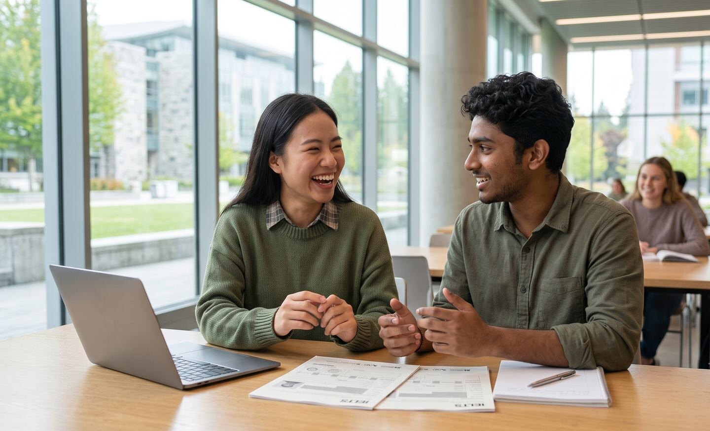Two students talking and laughing over practice papers