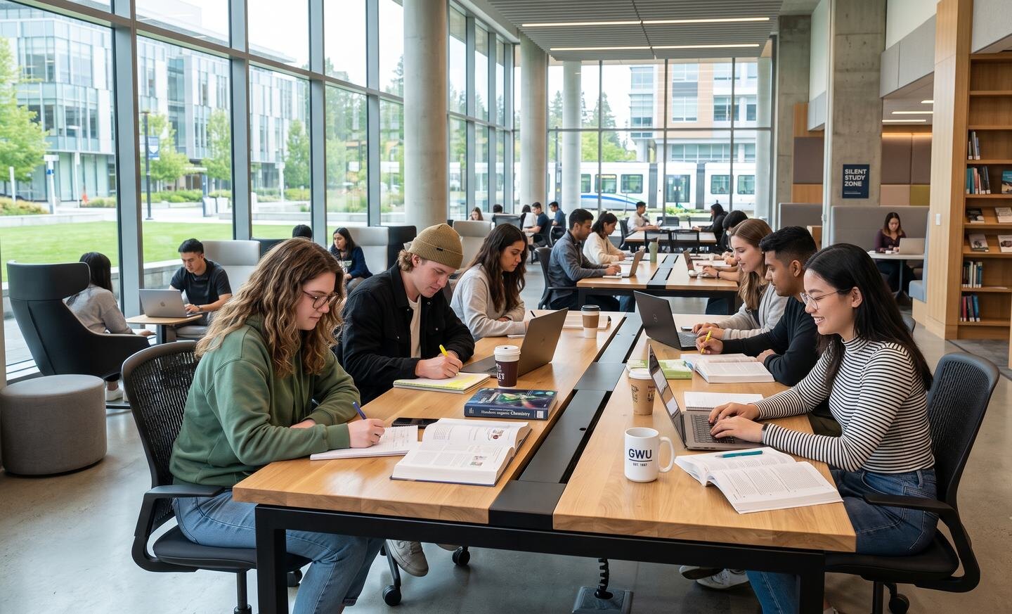 Students working together in a busy study hall