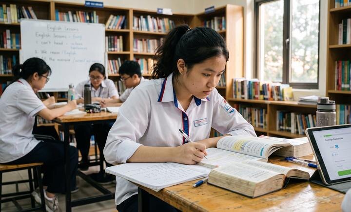 A student working through an English exercise in a school library