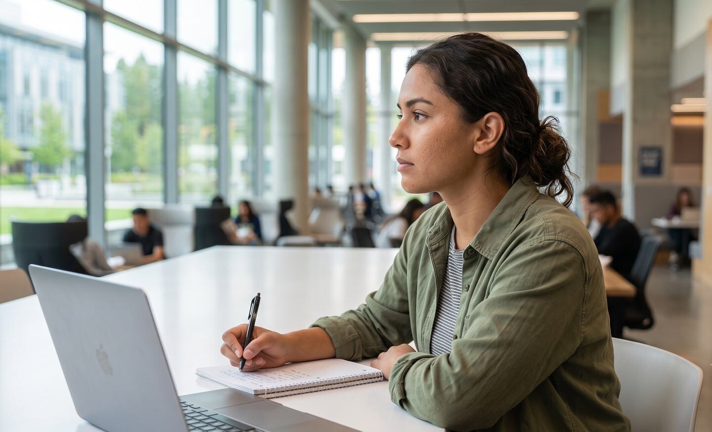 A student drafting an essay by hand beside her laptop